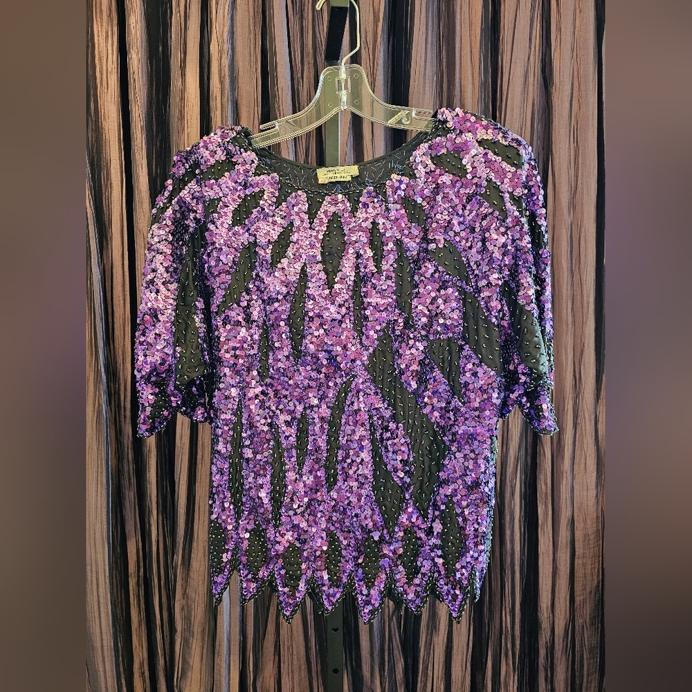 Black & Purple Beaded Top. 100% silk. Size Large. EU sizing of 42.